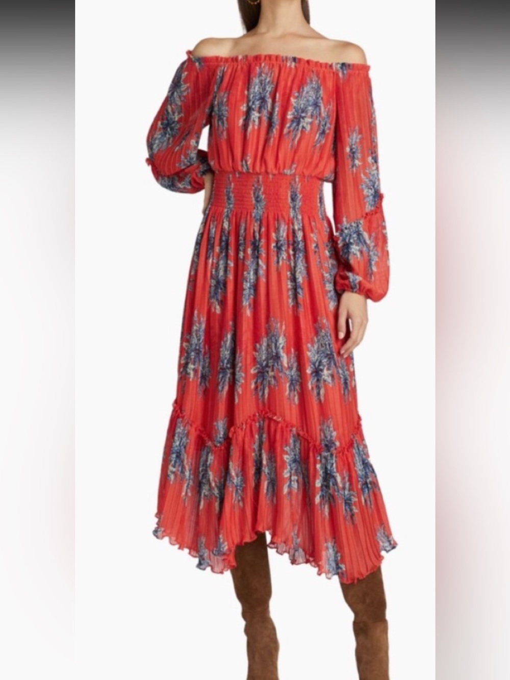 Ramy Brook Alyce Plisse Floral Off-Shoulder Maxi Dress- red